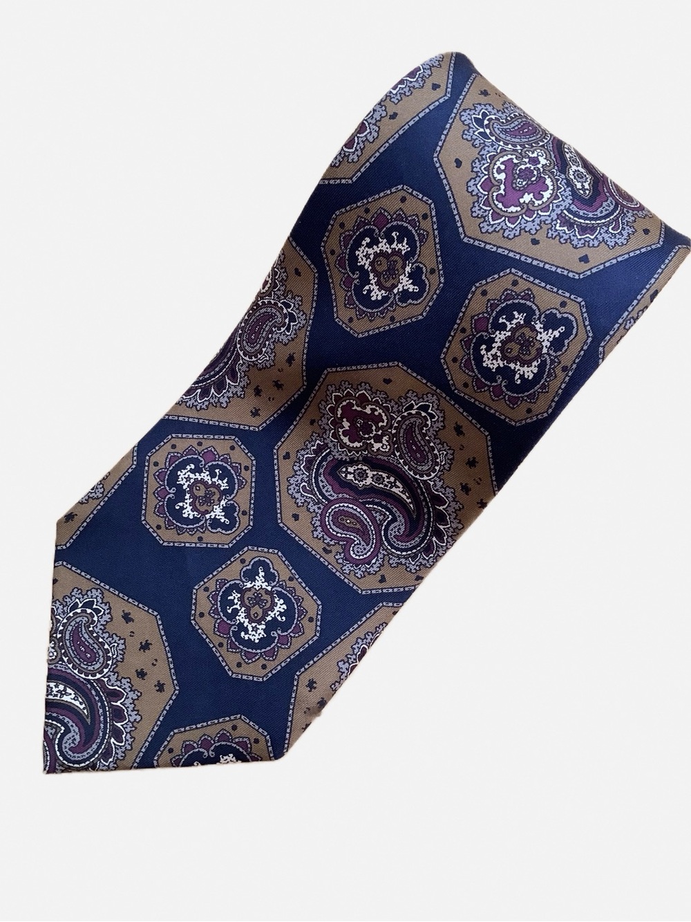 Oscar de la Renta Silk Tie Navy Blue Tan Paisley Medallion Mens Necktie